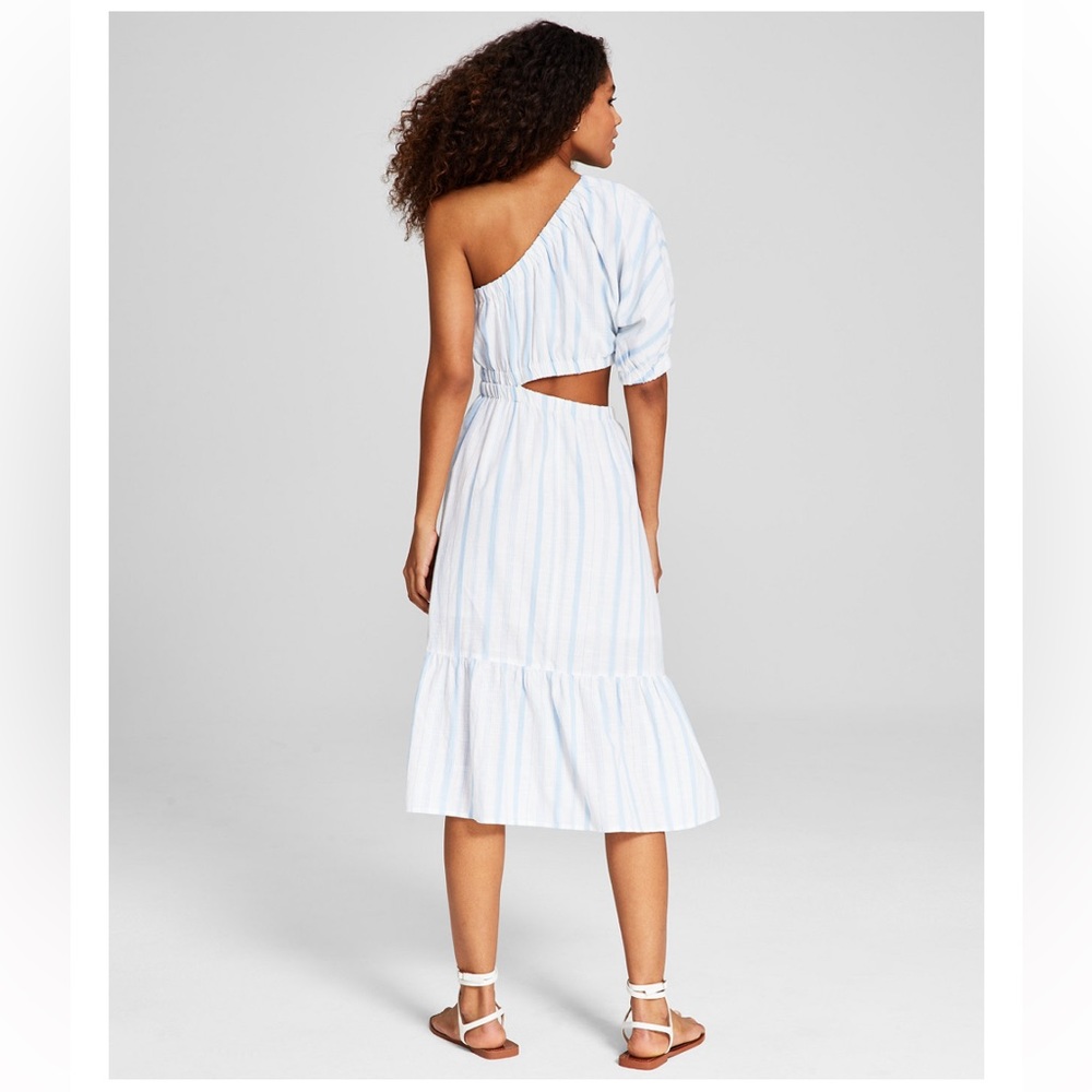 Striped One-Shoulder Cutout Tan and White Cotton Dress